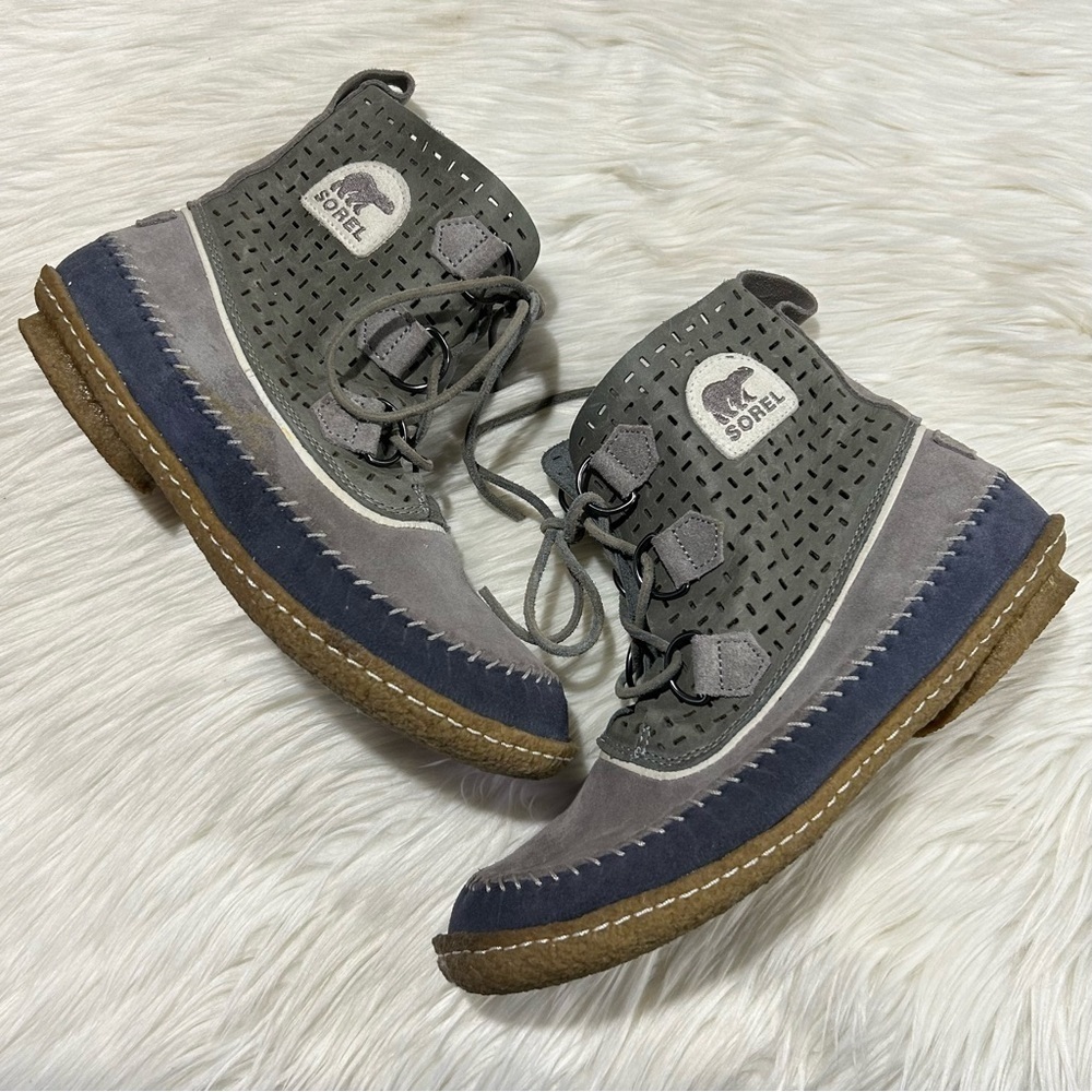 Sorel Joplin Perforated Leather Whipstitch Duck Boots in Steel Gray‎ Blue 8.5